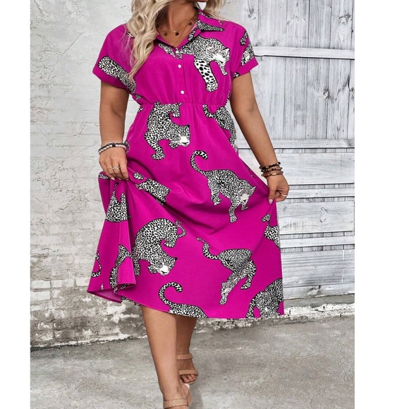 Plus leopard Print Button Cuff Short Sleeve Shirt Dress - Picture 5 of 6